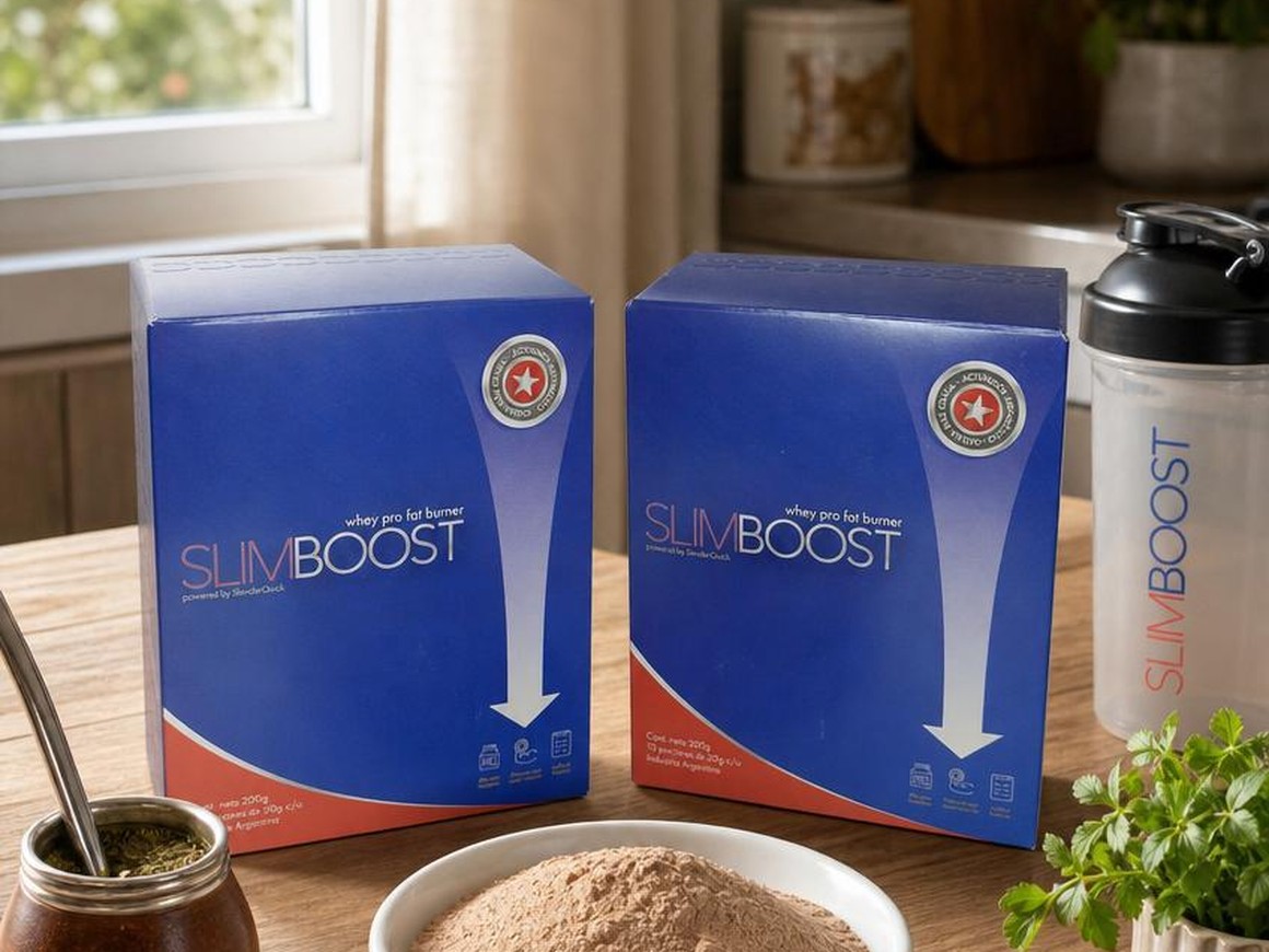 SLIMBOOST · dos cajas y un bowl con el polvo sabor chocolate