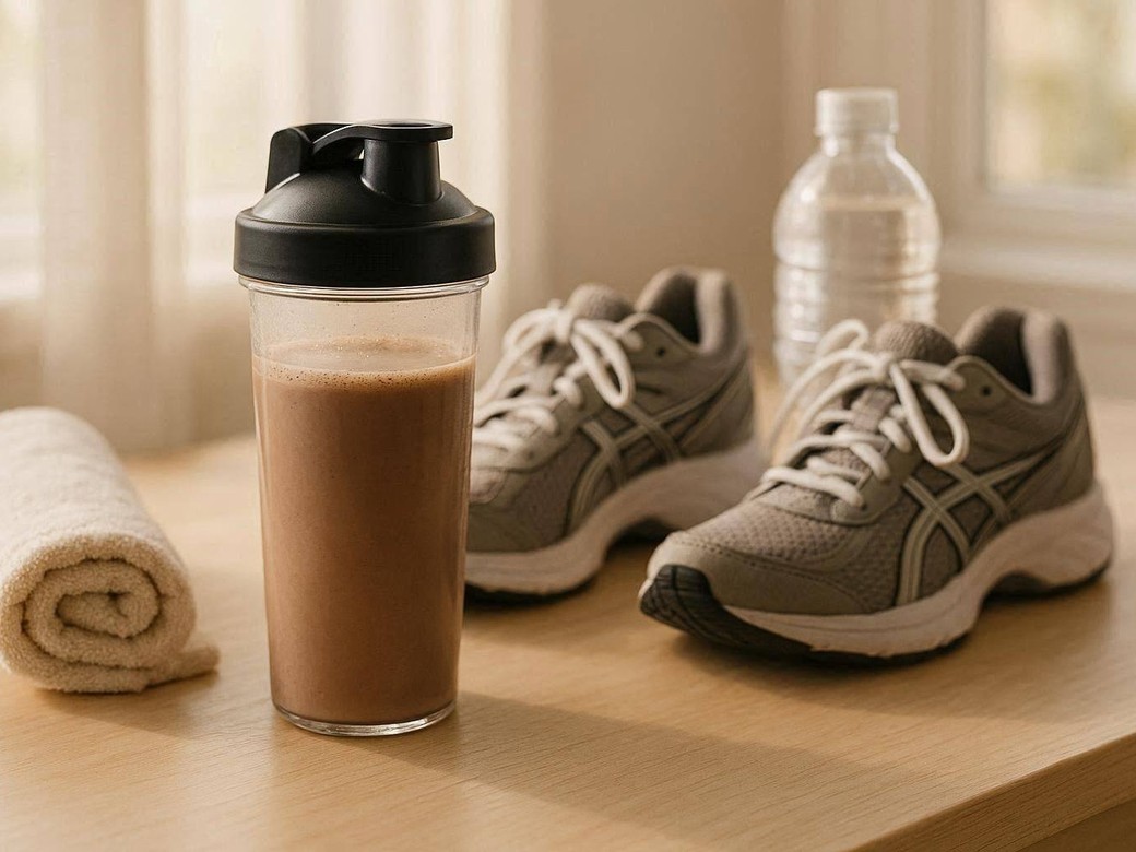 Batido de proteína, zapatillas y agua, energía y movimiento